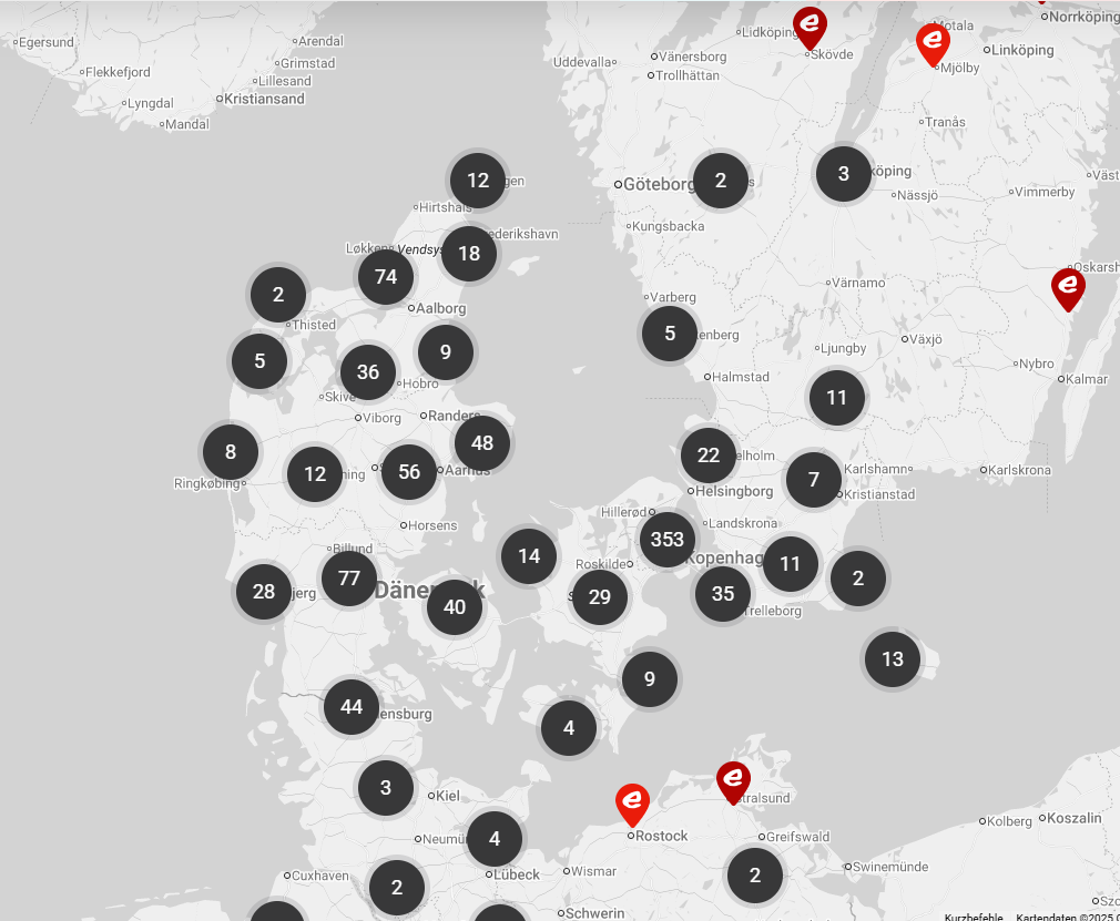 Kort over E.ON Drive Infrastructures ladestandere i Danmark